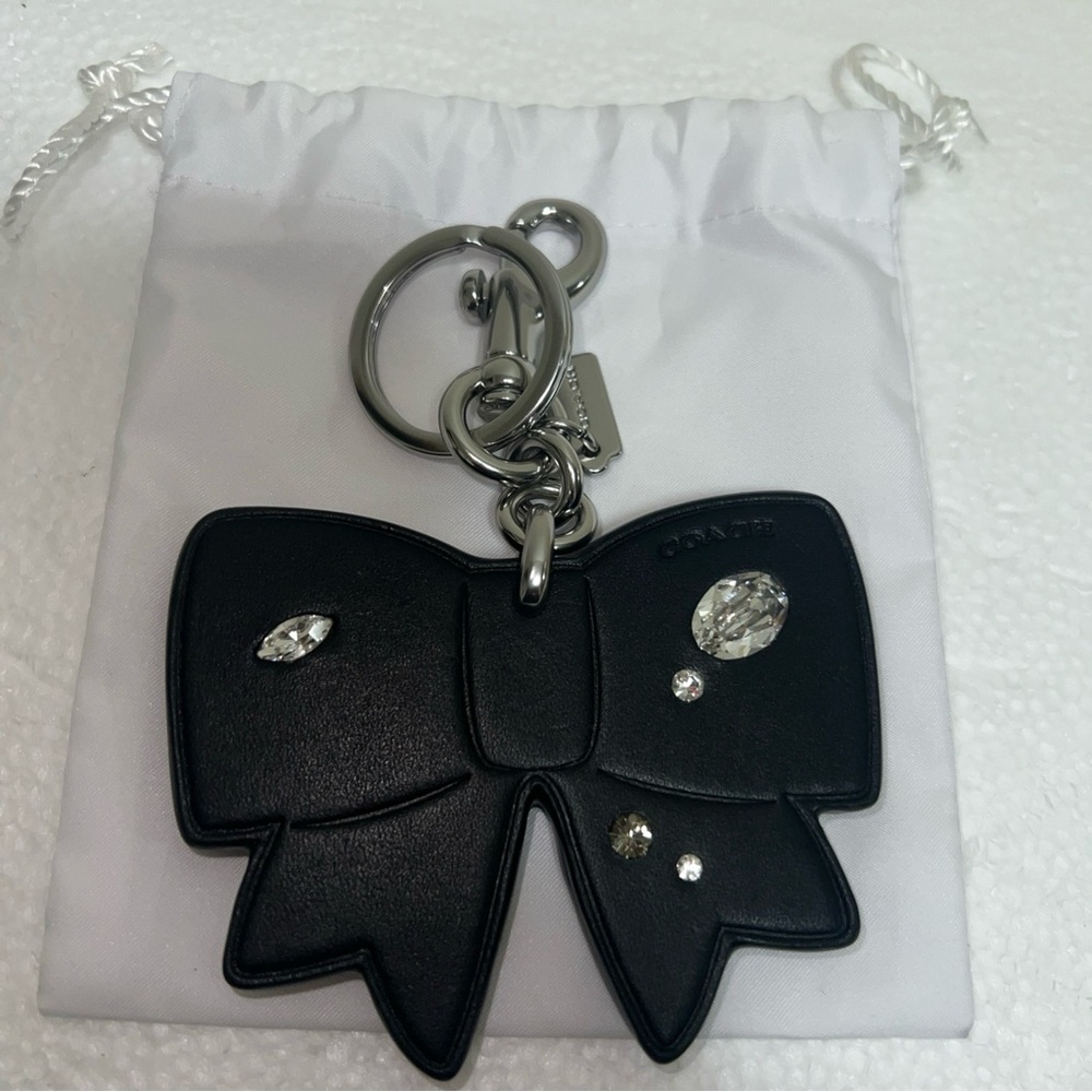 COACH Bow Bag Charm Gem Ribbon Black Leather